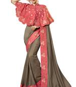 Brown Embroidered Cotton Silk Saree With Blouse