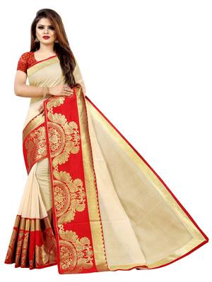 Cream woven chanderi saree with blouse 1