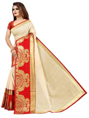 Cream woven chanderi saree with blouse 2
