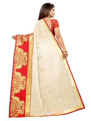 Cream woven chanderi saree with blouse 3
