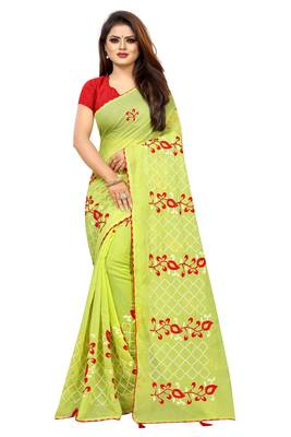Parrot green embroidered chanderi saree with blouse 1