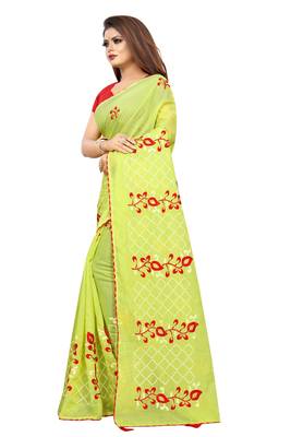 Parrot green embroidered chanderi saree with blouse 3