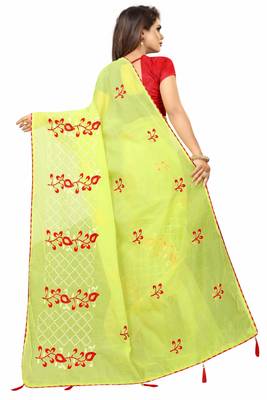 Parrot green embroidered chanderi saree with blouse 4
