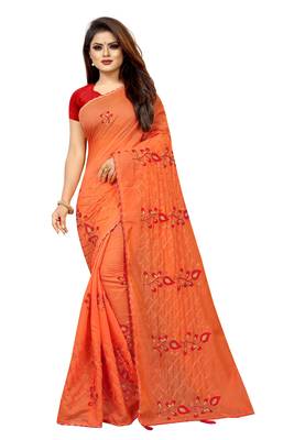 Orange embroidered chanderi saree with blouse 1