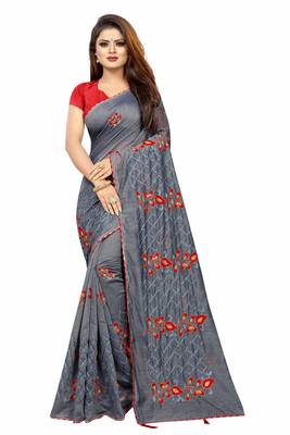 Grey embroidered chanderi saree with blouse 1