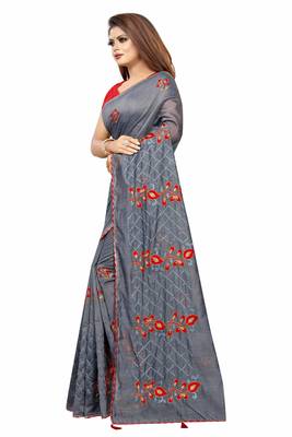Grey embroidered chanderi saree with blouse 3