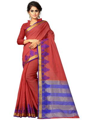 Dark red woven cotton silk saree with blouse 1