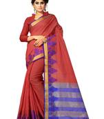 Dark red woven cotton silk saree with blouse