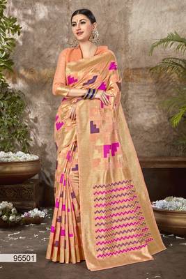 Peach Printed Cotton Silk Saree With Blouse 1