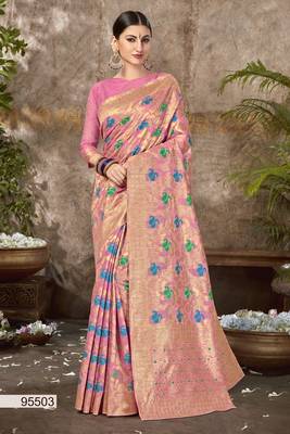 Pink Printed Cotton Silk Saree With Blouse 1