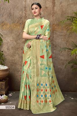 Green Printed Cotton Silk Saree With Blouse 1