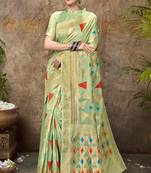 Green Printed Cotton Silk Saree With Blouse