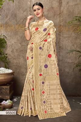 Beige Printed Cotton Silk Saree With Blouse 1
