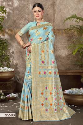 Blue Printed Cotton Silk Saree With Blouse 1
