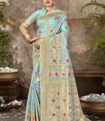 Blue Printed Cotton Silk Saree With Blouse