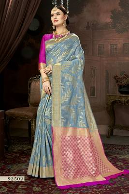 Turquoise Printed Cotton Saree With Blouse 1