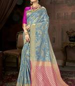 Turquoise Printed Cotton Saree With Blouse