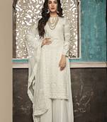 Off White Embroidered Faux Georgette Salwar Semi Stitched