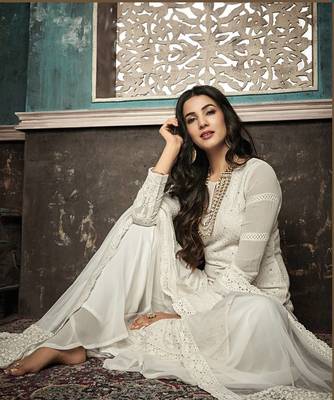 Off White Embroidered Faux Georgette Salwar Semi Stitched 2