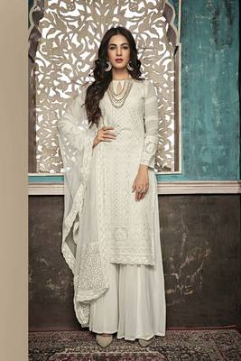 Off White Embroidered Faux Georgette Salwar Semi Stitched 3