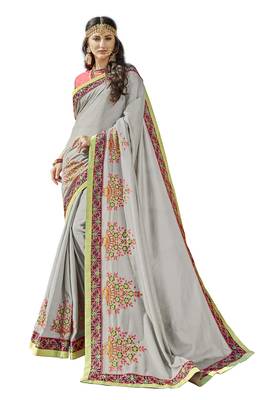 Grey Embroidered Cotton Silk Saree With Blouse 1