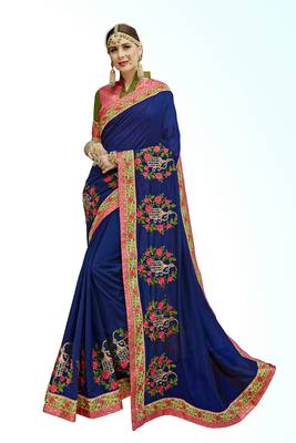 Blue Embroidered Cotton Silk Saree With Blouse 1