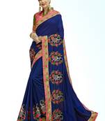 Blue Embroidered Cotton Silk Saree With Blouse