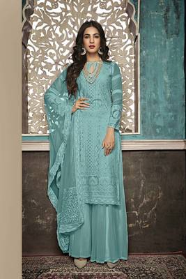 Sky Blue Embroidered Faux Georgette Salwar Semi Stitched 1