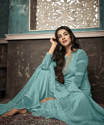 Sky Blue Embroidered Faux Georgette Salwar Semi Stitched 2