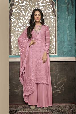 Pink Embroidered Faux Georgette Salwar Semi Stitched 1
