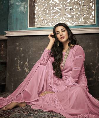 Pink Embroidered Faux Georgette Salwar Semi Stitched 2
