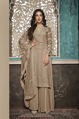 Light Chiku Embroidered Faux Georgette Salwar Semi Stitched 1