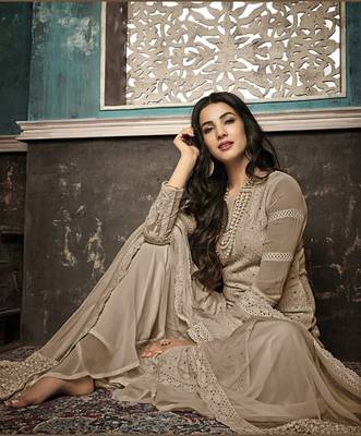 Light Chiku Embroidered Faux Georgette Salwar Semi Stitched 2
