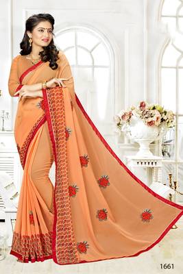 Peach Embroidered Chiffon Saree With Blouse 1