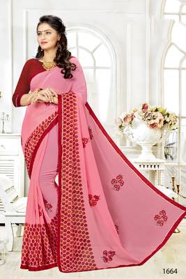 Pink Embroidered Chiffon Saree With Blouse 1