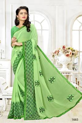 Green Embroidered Chiffon Saree With Blouse 1