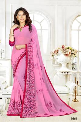 Pink Embroidered Chiffon Saree With Blouse 1