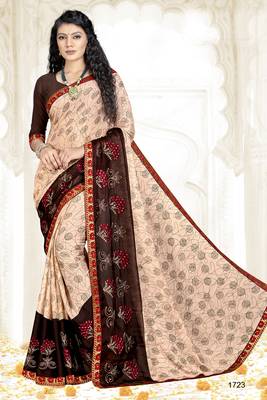 cream embroidered chiffon saree with blouse 1