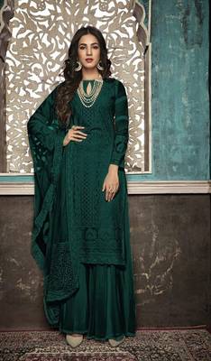 Dark Green Embroidered Faux Georgette Salwar Semi Stitched 1