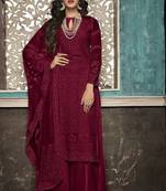 Dark Wine Embroidered Faux Georgette Salwar Semi Stitched