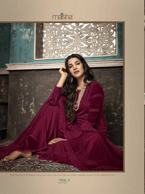 Dark Wine Embroidered Faux Georgette Salwar Semi Stitched 2