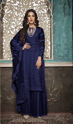 Blue Embroidered Faux Georgette Salwar Semi Stitched 1