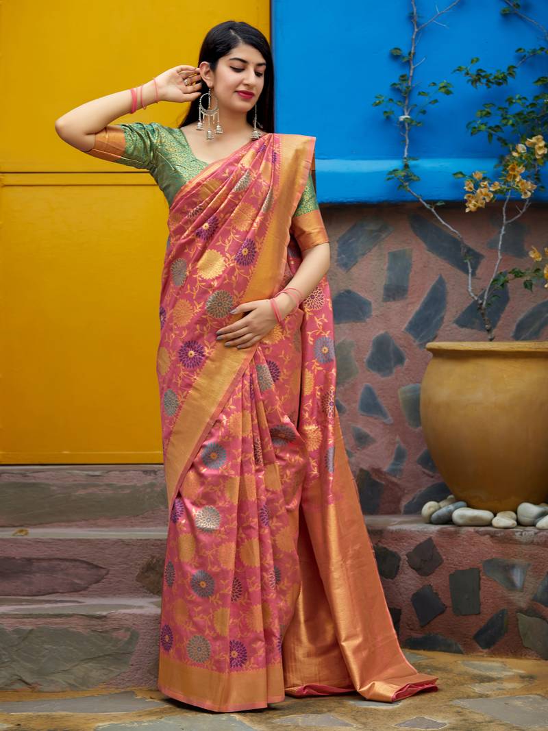 Pink woven banarasi silk saree with blouse