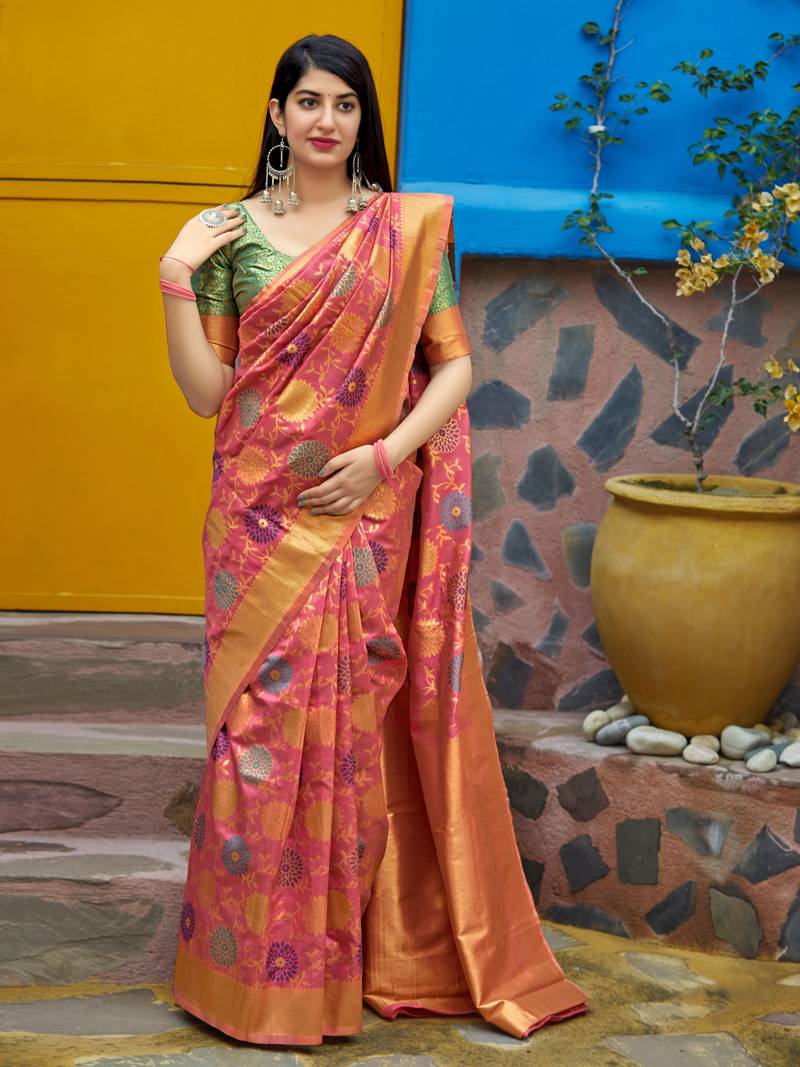 Pink woven banarasi silk saree with blouse