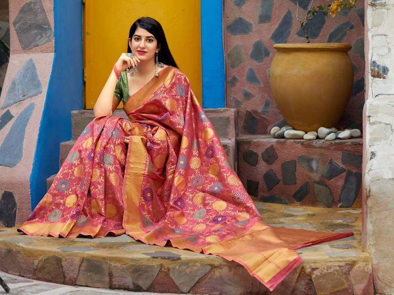 Pink woven banarasi silk saree with blouse
