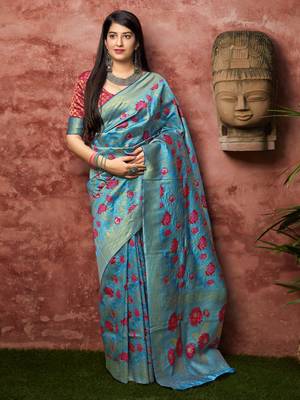 Blue woven banarasi saree with blouse 1