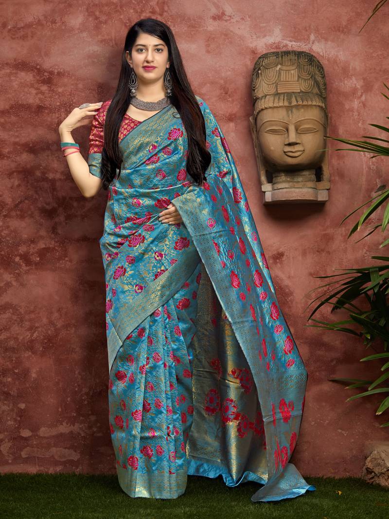 Blue woven banarasi saree with blouse