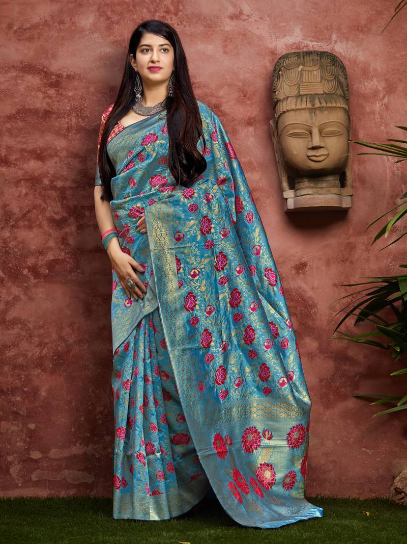 Blue woven banarasi saree with blouse