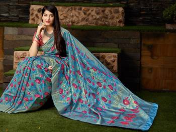 Blue woven banarasi saree with blouse 4