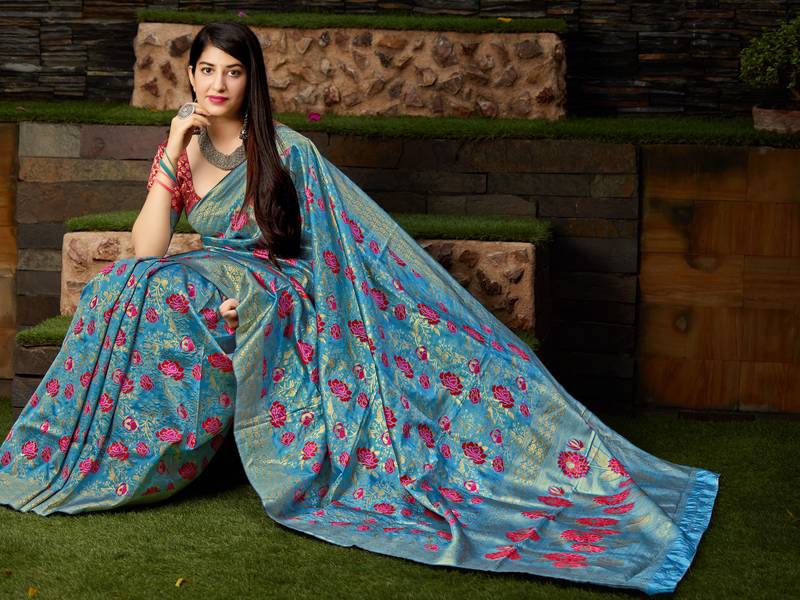 Blue woven banarasi saree with blouse